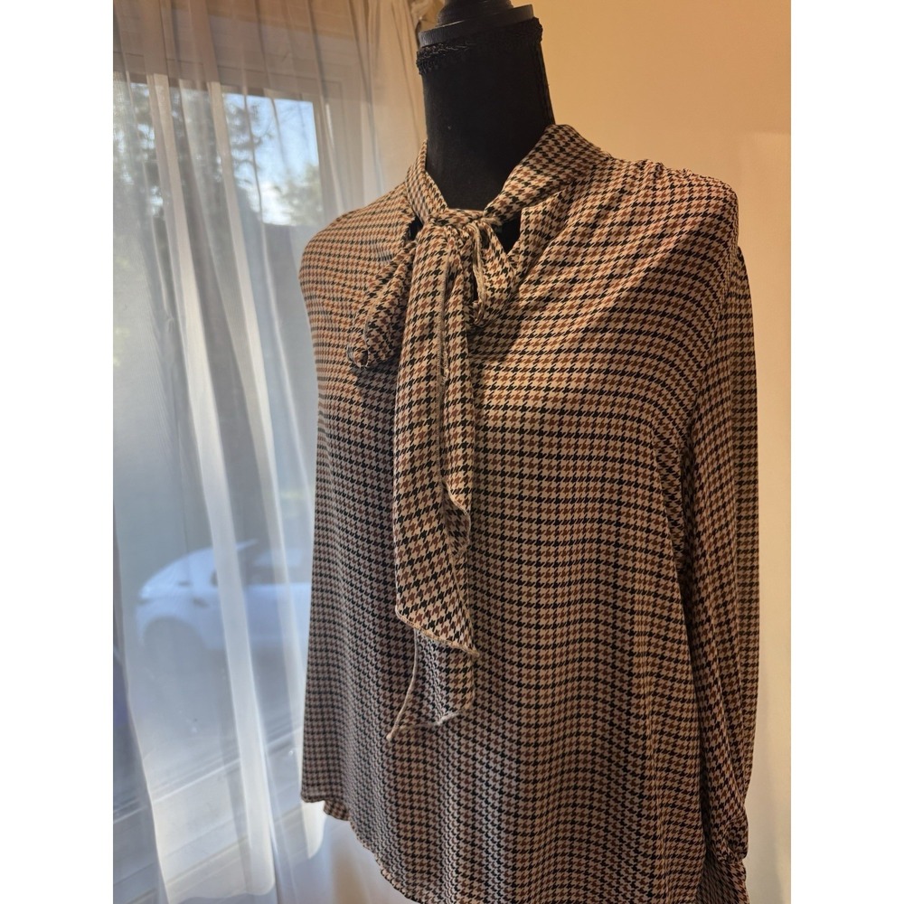 WHO WHAT WEAR Houndstooth Tie-Neck Collared Puff Long Sleeve Blouse M - Picture 3 of 7